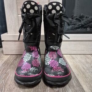 Bogs Kids Waterproof Rain Boots Floral Polka Dot Black Pink Sz 11